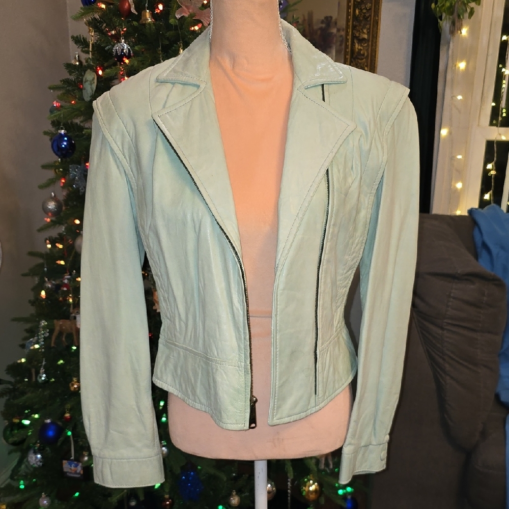 Elegant Light Mint Green Leather Jacket Size Medium